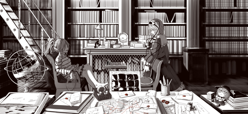 2girls :| armchair astrolabe barefoot blouse board_game book book_stack bookshelf chair character_doll chess chessboard closed_mouth commentary crossed_legs cuffs desk desk_lamp foul_detective_satori frilled_shirt_collar frilled_skirt frilled_sleeves frills from_side fumo_(doll) greyscale hair_ornament hair_tubes hairband hat heart heart_hair_ornament hidden_eyes highres indoors ink ink_bottle james_moriarty komeiji_koishi komeiji_satori lamp letter letter_opener loaded_interior long_sleeves looking_at_another medium_hair miyadeguchi_mizuchi monochrome multiple_girls notebook on_chair open_book paper pen pencil ponytail railing shackles sherlock_holmes shirt sidelocks sitting skirt skirt_set smirk spoilers stairs striped striped_shirt the_adventures_of_sherlock_holmes third_eye touhou wax_seal wide_sleeves yazato_ichimushi