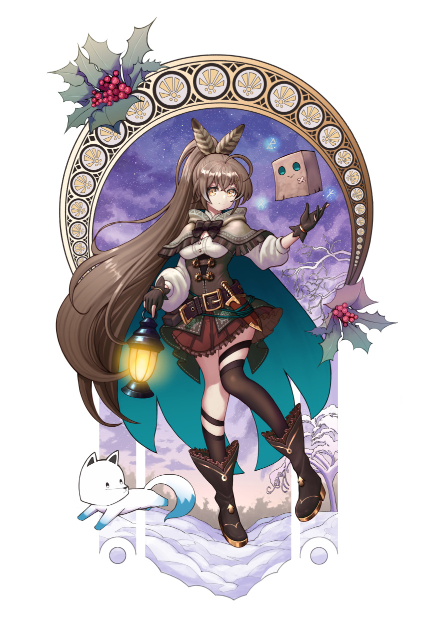 1girl absurdres ahoge asymmetrical_legwear bangs belt berry boots brown_capelet brown_cloak brown_corset brown_eyes brown_hair cape capelet cloak clouds cloudy_sky corset dagger feather_hair_ornament feathers forest fox friend_(nanashi_mumei) gloves hair_ornament hieroglyphics highres hololive hololive_english knee_strap kneehighs knife lantern long_hair nanashi_mumei nature partially_fingerless_gloves ponytail realapple red_skirt ribbon runes shirt single_kneehigh single_thighhigh skirt sky smile snow stained_glass star_(sky) starry_sky sunrise thigh-highs thigh_strap tree very_long_hair virtual_youtuber weapon white_shirt