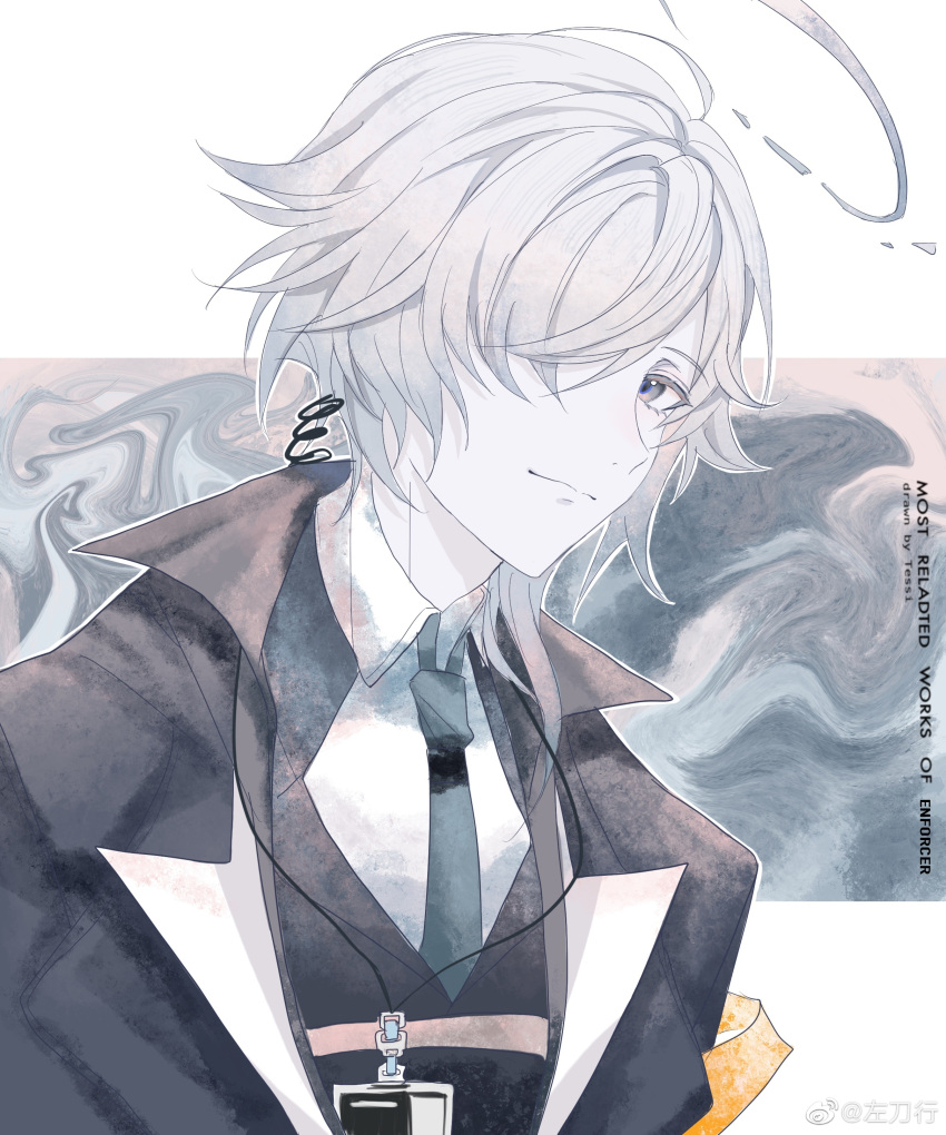 1boy absurdres ahoge arknights artist_name black_coat black_necktie blue_eyes closed_mouth coat collared_shirt enforcer_(arknights) hair_over_one_eye halo highres id_card long_hair looking_at_viewer muted_color necktie shirt silver_hair smile upper_body weibo_username white_shirt zuo_daoxing