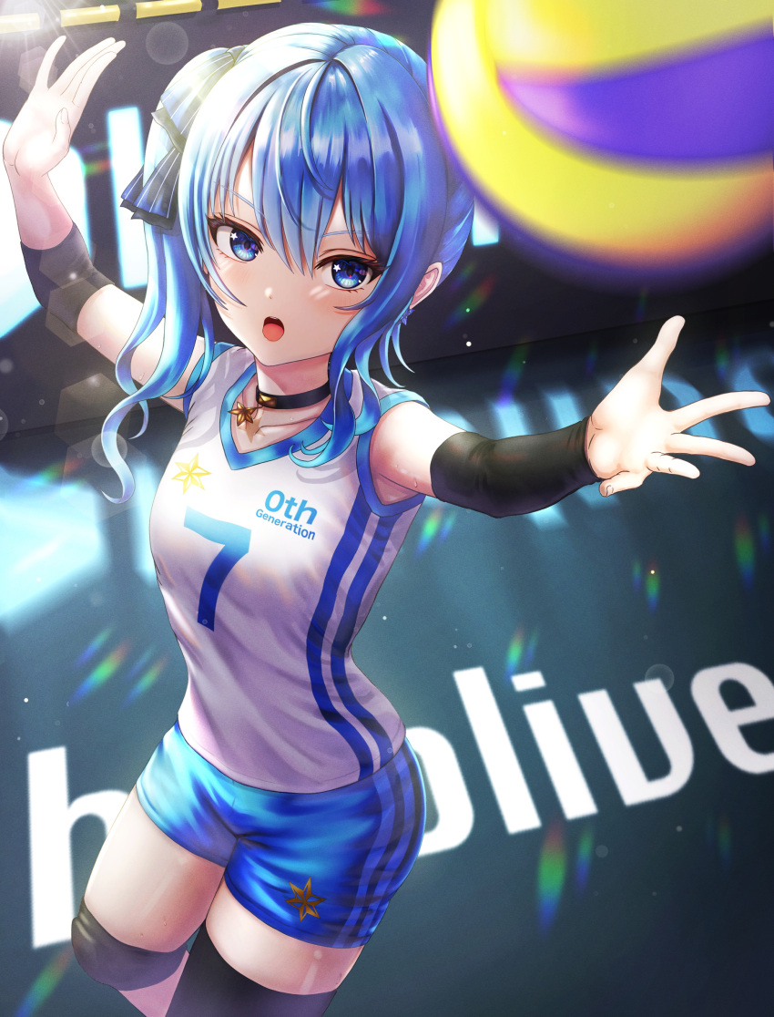 1girl :o absurdres alternate_costume arms_up bangs black_choker black_legwear blue_eyes blue_hair blue_shorts blurry choker cowboy_shot depth_of_field elbow_pads elbow_sleeve highres hololive hoshimachi_suisei jersey knee_pads looking_at_object number_print open_mouth playing_sports shirt shorts side_ponytail sidelocks single_elbow_pad single_knee_pad single_thighhigh solo sport sportswear star_(symbol) star_choker star_in_eye sweat symbol_in_eye thigh-highs thighs v-shaped_eyebrows virtual_youtuber volleyball volleyball_uniform wajuniorbox white_shirt