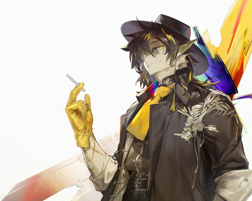 1boy arknights belt_buckle between_fingers black_coat black_hair black_headwear blonde_hair buckle cigarette closed_mouth coat cowboy_shot fedora gloves green_eyes hair_between_eyes hat head_fins holding holding_cigarette jacket lee_(arknights) long_hair long_sleeves looking_at_viewer monster_boy multicolored_background multicolored_hair necktie open_clothes open_jacket round_eyewear smile solo sunglasses two-tone_hair yellow_gloves yellow_necktie yyb
