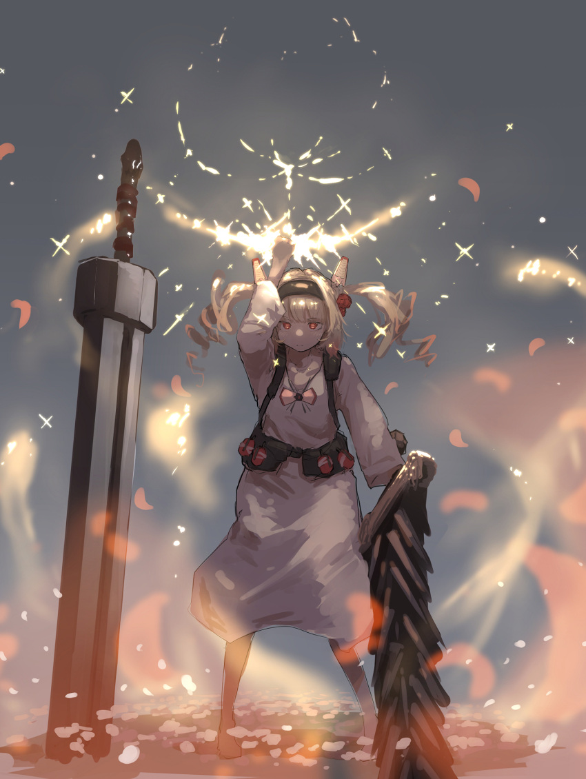 1girl animal_ears arm_up barefoot black_hairband blonde_hair blush clenched_hand closed_mouth collarbone crushing dress elden_ring explosive flower glowing greatsword grenade grenade_hair_ornament hairband highres holding holding_sword holding_weapon huge_weapon ikine_tomeru indie_virtual_youtuber kappa_modoki long_hair mechanical_ears petals planted planted_sword red_eyes sketch solo sparkle sword twintails weapon white_dress white_flower