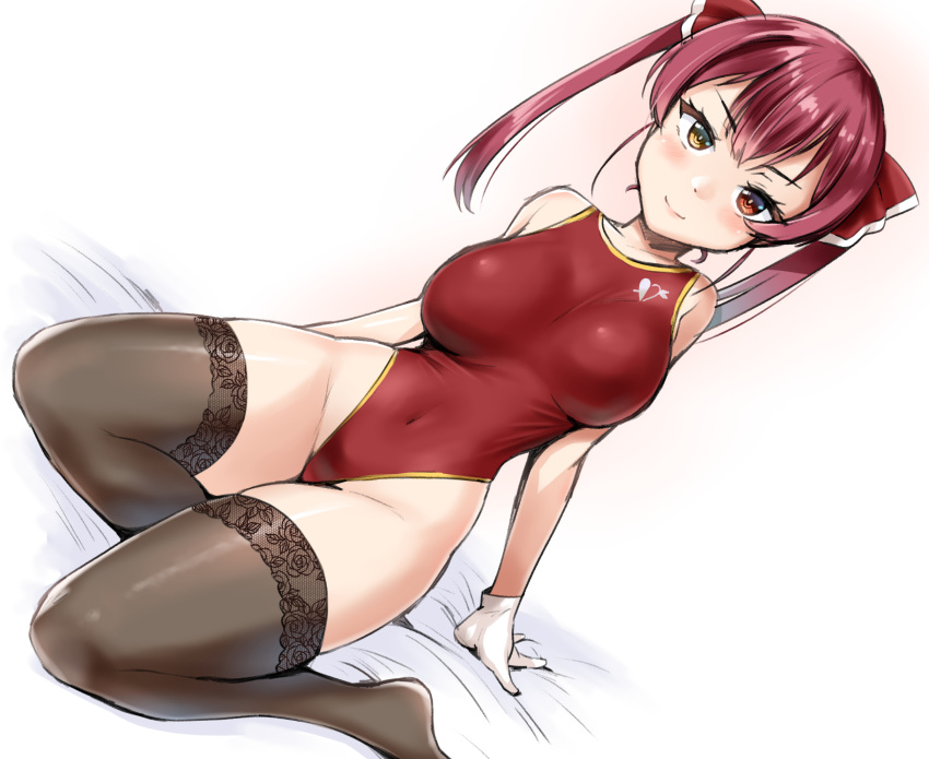 1girl arm_support black_eyepatch black_legwear breasts commentary_request competition_swimsuit dutch_angle eyepatch gloves hair_ribbon heterochromia highres hololive houshou_marine large_breasts long_hair looking_at_viewer minase_(takaoka_nanase) one-piece_swimsuit red_eyes red_ribbon red_swimsuit redhead ribbon simple_background sitting solo swimsuit thigh-highs twintails very_long_hair virtual_youtuber white_background white_gloves yokozuwari