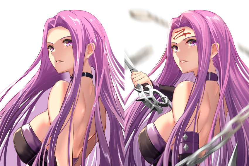 1girl absurdres back bangs bare_shoulders black_dress breasts chain choker collar detached_sleeves dress facial_mark fate/stay_night fate_(series) forehead forehead_mark highres large_breasts long_hair looking_at_viewer looking_back medusa_(fate) medusa_(rider)_(fate) multiple_views nameless_dagger_(fate) parted_bangs purple_hair sidelocks takehana_note very_long_hair violet_eyes