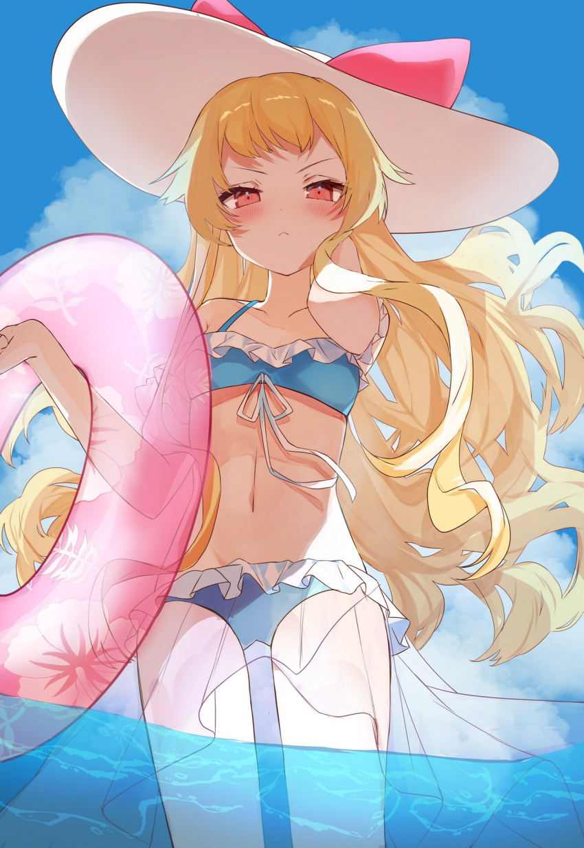 1girl :&lt; azur_lane blonde_hair blue_swimsuit blush breasts clouds cloudy_sky commission commissioner_upload groin hat highres jenkins_(azur_lane) lifebuoy lion2610 long_hair looking_at_viewer navel on_water pink_ribbon red_eyes ribbed_hat ribbon skeb_commission sky small_breasts solo swimsuit swimsuit_skirt water wavy_hair