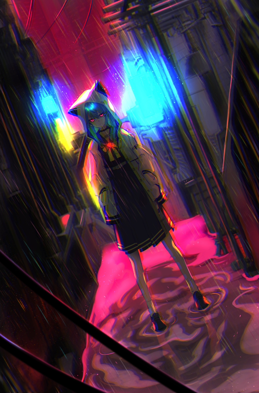 1girl alley belt blue_hair choker chromatic_aberration dutch_angle expressionless full_body hands_in_pockets highres hololive hood hoshimachi_suisei jacket pleated_skirt puddle rain red_eyes saco_(cgmore) sailor_collar skirt solo virtual_youtuber white_jacket