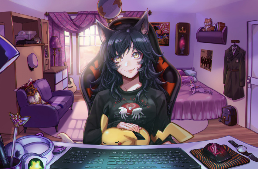 1girl absurdres ahri_(league_of_legends) alternate_costume animal_ears backpack bag bed black_hair black_sweater breasts brown_eyes brown_jacket cat_ears chair clothes_removed couch crossover crown day desk dress espeon fox_ears guitar headphones highres indoors instrument jacket keyboard_(computer) lamp league_of_legends long_hair mouse_(computer) nekomimi on_lap pikachu pillow pokemon pokemon_(creature) poro_(league_of_legends) poster_(object) shinaa_(maddynshinaa) shiny shiny_hair sitting slit_pupils smile staff stuffed_toy sweater vastaya window