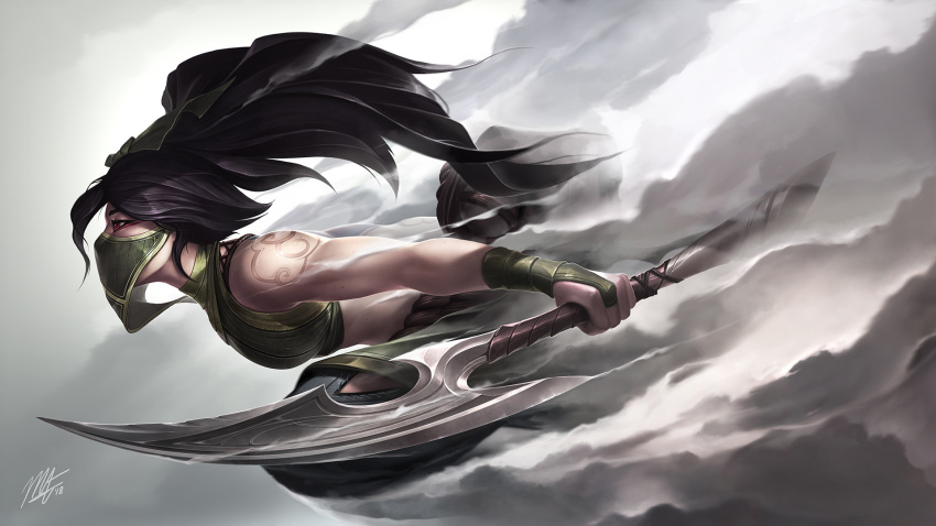 1girl akali bangs black_hair breasts bridal_gauntlets from_side hair_ornament highres holding holding_weapon league_of_legends long_hair red_eyes shoulder_tattoo signature small_breasts smoke solo tattoo vegacolors weapon white_background