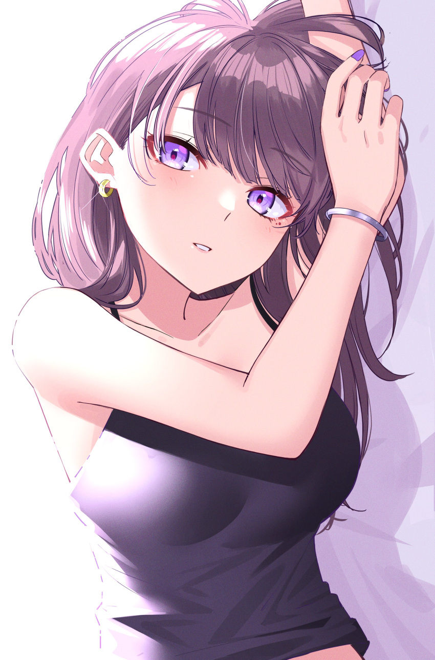 1girl absurdres arm_across_chest arm_rest arm_up backlighting blush bracelet breasts brown_hair collarbone commentary_request earrings highres ichiki_1 jewelry large_breasts long_hair looking_at_viewer lying midriff_peek mole mole_under_eye nail_polish on_side original parted_lips purple_nails purple_shirt shadow shirt sleeveless sleeveless_shirt smile violet_eyes