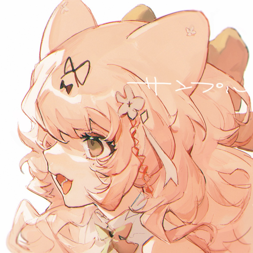 1girl animal_ears bangs black_bow bow bowtie commentary_request fangs flower green_bow green_hair hair_bow hair_flower hair_ornament long_hair open_mouth original orniflop pink_hair portrait shirt simple_background smile solo translation_request white_background white_shirt