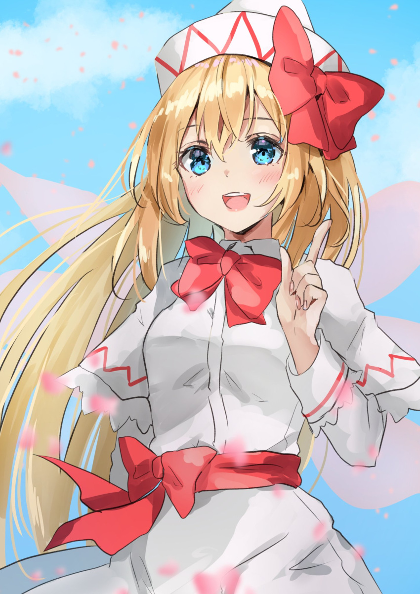 1girl blonde_hair blue_eyes blush capelet dress eyebrows_visible_through_hair fairy fairy_wings hair_between_eyes hat highres index_finger_raised lily_white long_hair long_sleeves one-hour_drawing_challenge open_mouth shironeko_yuuki smile solo teeth touhou upper_body upper_teeth white_capelet white_dress white_headwear wings