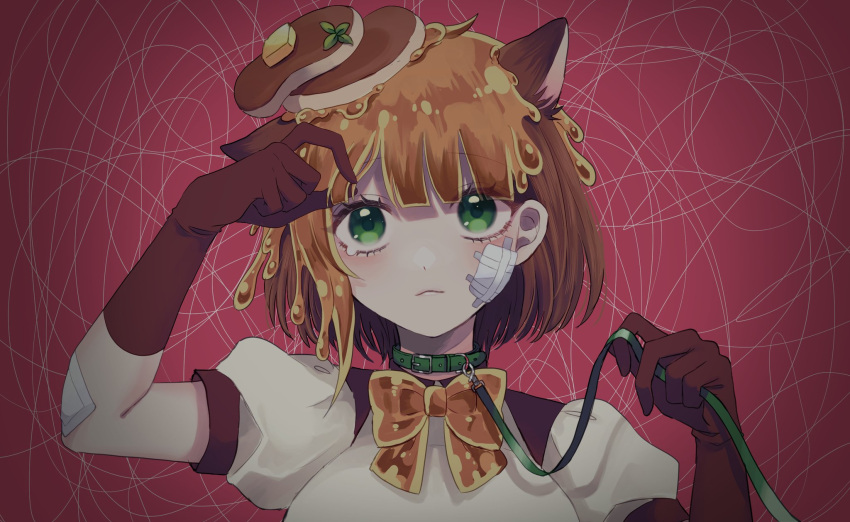 :&lt; animal_ears bandages bow brown_gloves brown_vest cat_ears elbow_gloves food food-themed_clothes food_on_head gloves green_eyes highres kemonomimi_mode kimi_ga_shine leash maple_(kimi_ga_shine) object_on_head orange_bow pancake pancake_hair_ornament puffy_short_sleeves puffy_sleeves short_sleeves syrup tearing_up uououoon upper_body vest