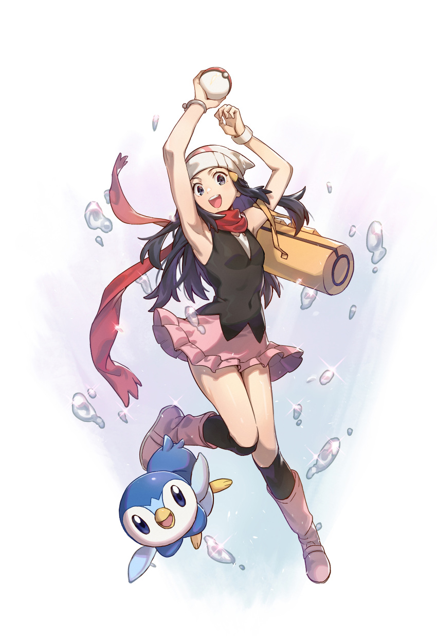 1girl :d absurdres bag beanie black_hair black_legwear black_shirt boots bracelet bubble commentary_request duffel_bag floating_scarf grey_eyes hair_ornament hairclip hat highres hikari_(pokemon) holding holding_poke_ball jewelry kneehighs knees_together_feet_apart leg_up long_hair open_mouth pink_footwear pink_skirt piplup poke_ball poke_ball_(basic) poke_ball_print pokemon pokemon_(creature) pokemon_(game) pokemon_dppt poketch red_scarf rekari_(rekari628) scarf shirt skirt sleeveless sleeveless_shirt smile sparkle teeth tongue upper_teeth watch watch white_headwear yellow_bag