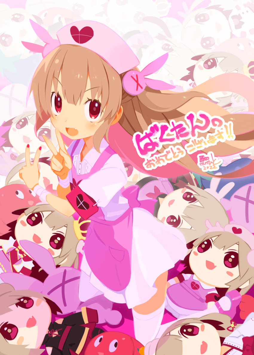1girl 2022 apron bangs bunny_hair_ornament character_doll commentary_request double_v dress fang hair_ornament harada_takehito hat heart highres kneeling light_brown_hair long_hair looking_at_viewer natori_sana nurse_cap open_mouth pink_apron pink_headwear red_eyes red_nails safety_pin sana_channel short_sleeves shrimp signature skin_fang stuffed_toy thigh-highs two_side_up v very_long_hair virtual_youtuber white_dress white_legwear