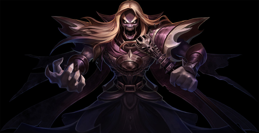 1boy armor bangs black_background black_dress blonde_hair chain collaboration commentary cowboy_shot dress glowing glowing_eyes holding holding_microphone karthus league_of_legends long_hair looking_at_viewer male_focus microphone official_alternate_costume open_mouth pentakill_(league_of_legends) pentakill_karthus shoulder_armor simple_background solo teeth vegacolors