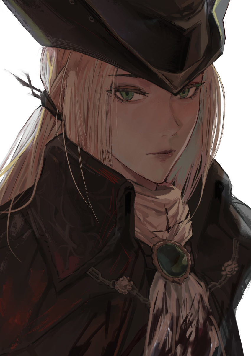 1girl ascot blonde_hair bloodborne blue_eyes boots cape coat gem hat hat_feather highres holding lady_maria_of_the_astral_clocktower long_hair looking_at_viewer park_ongjol ponytail simple_background solo the_old_hunters tricorne white_hair