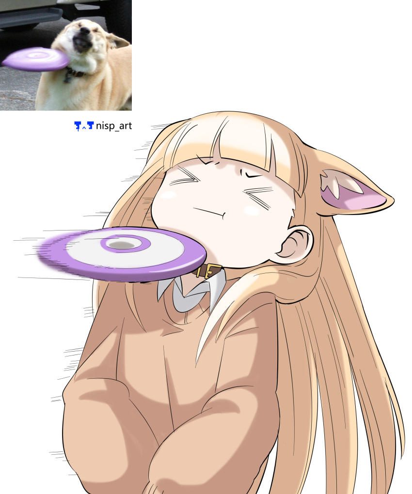 &gt;_&lt; 1girl :t absurdres animal_ear_fluff animal_ears artist_logo artist_name bangs blonde_hair blunt_bangs brown_collar closed_eyes collar collared_shirt commentary dog dog_ears english_commentary frisbee hair_behind_ear highres humanization long_hair long_sleeves meme motion_lines nisp_art orange_sweater original photo_inset recoil reference_photo shirt simple_background sweater upper_body v-shaped_eyebrows white_background white_shirt wide_sleeves