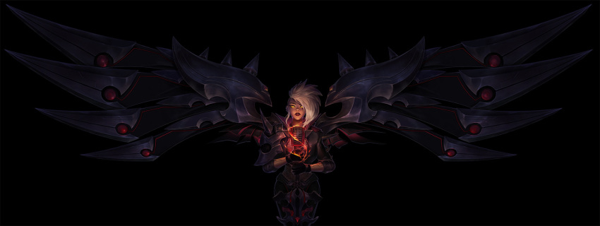 1girl bangs black_background black_gloves black_jacket black_pants blonde_hair collaboration cowboy_shot gloves glowing glowing_eyes highres holding holding_microphone holding_sword holding_weapon jacket kayle_(league_of_legends) league_of_legends long_hair looking_at_viewer microphone official_alternate_costume pants pentakill_(league_of_legends) pentakill_kayle simple_background sword vegacolors weapon wings