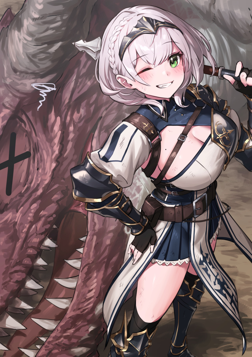 1girl ;) absurdres bangs belt black_hairband blue_skirt blush boobplate braid breasts brown_belt chest_harness eyebrows_visible_through_hair fingerless_gloves gloves green_eyes grin hairband harness highres holding holding_weapon hololive large_breasts leg_armor looking_at_viewer medium_hair mole mole_on_breast nemoto_yuuma one_eye_closed over_shoulder pleated_skirt shirogane_noel shirt simple_background skirt smile solo standing virtual_youtuber weapon weapon_over_shoulder white_shirt x_x