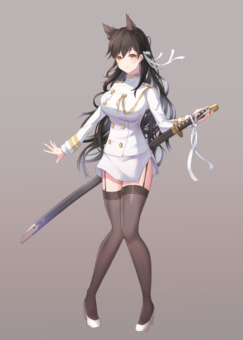 1girl absurdres animal_ears atago atago_(azur_lane) azur_lane black_hair breasts buttons closed_mouth commentary_request double-breasted extra_ears eyebrows_visible_through_hair full_body garter_straps gold_trim gradient gradient_background hair_between_eyes hair_ornament hair_ribbon high_heels highres holding hyangu katana knees_together_feet_apart large_breasts long_hair long_sleeves looking_at_viewer pantyhose ribbon simple_background skirt smile solo standing sword tachi-e thigh-highs weapon white_footwear white_ribbon white_skirt white_sleeves wolf_ears wolf_girl yellow_eyes