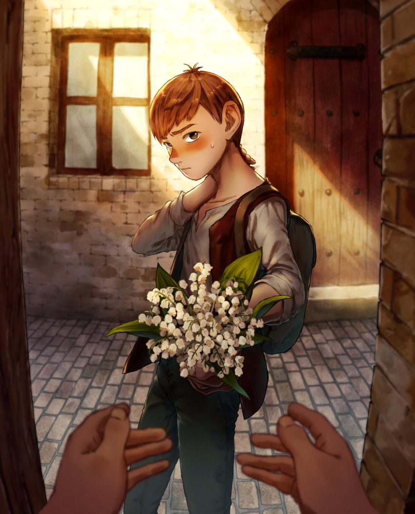 1boy 1girl backpack bag blush bouquet brick_road brick_wall brown_eyes brown_hair brown_jacket chilchuck dungeon_meshi flatamany halfling highres jacket looking_at_viewer pov pov_hands shirt sweatdrop white_shirt