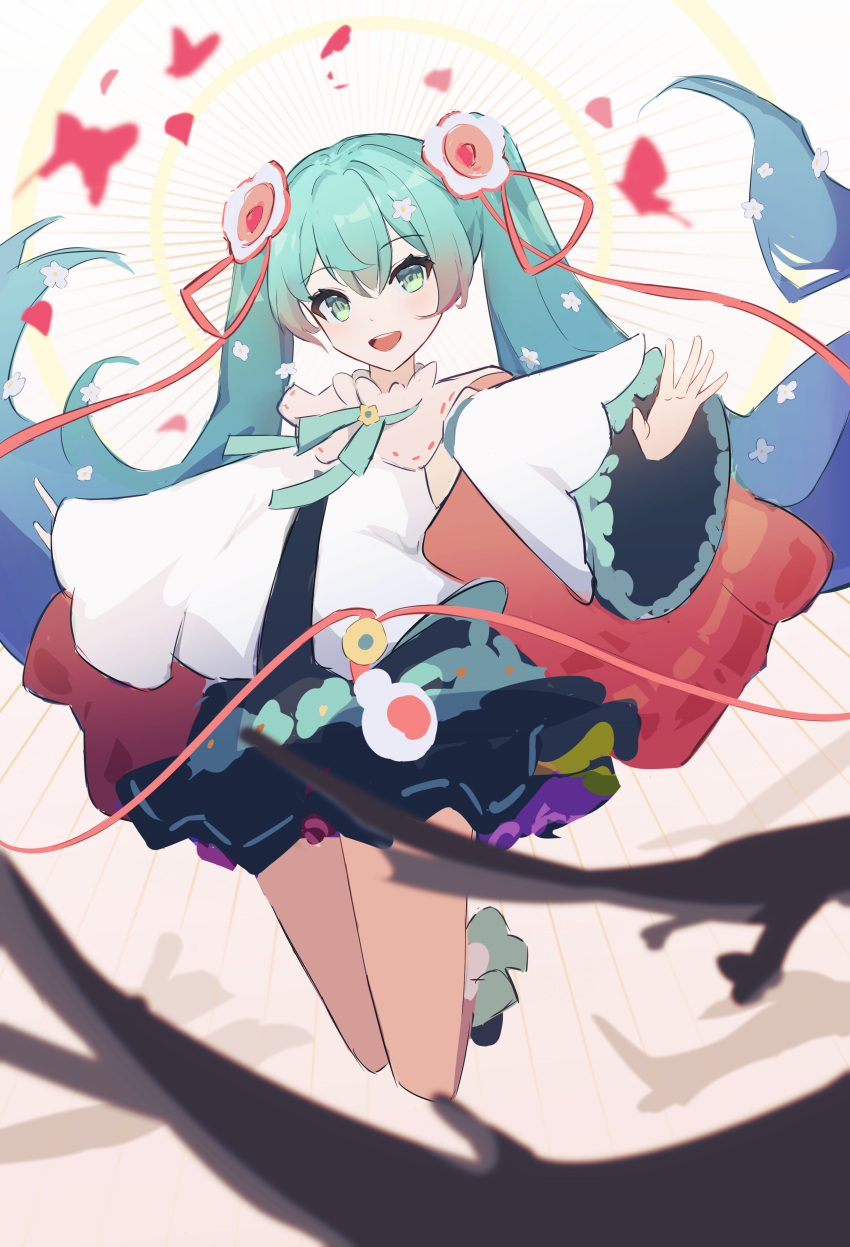1girl 39 absurdres aqua_eyes aqua_hair black_skirt commentary_request daminminmin hatsune_miku highres long_hair open_mouth skirt smile solo twintails very_long_hair vocaloid wide_sleeves