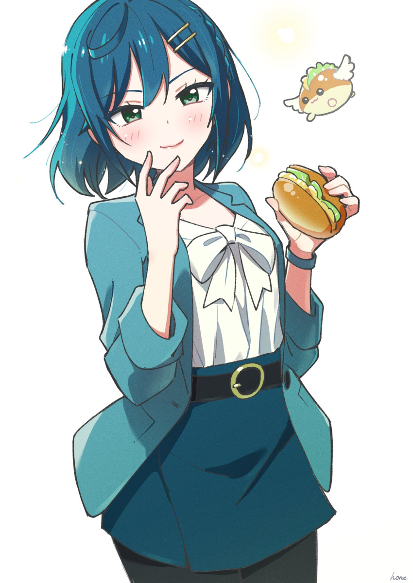 1girl 1other belt blue_hair blue_jacket blue_skirt blush commentary_request cowboy_shot delicious_party_precure food fuwa_kokone green_eyes hair_between_eyes hair_ornament hairclip highres holding holding_food hone_(honehone083) jacket looking_at_viewer precure recipipi sandwich shirt simple_background skirt smile white_background white_shirt