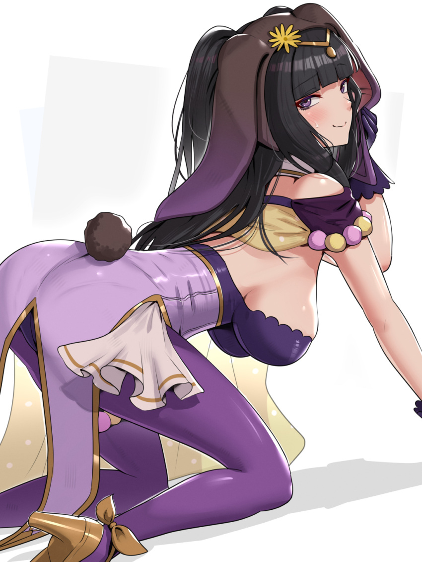 1girl animal_ears ass bare_shoulders black_hair blush breasts detached_collar embarrassed fake_animal_ears fake_tail fire_emblem fire_emblem_awakening fire_emblem_heroes gonzarez high_heels highres large_breasts leotard looking_at_viewer nervous nervous_smile official_alternate_costume pantyhose playboy_bunny purple_legwear purple_leotard rabbit_ears rabbit_tail sideboob simple_background solo strapless strapless_leotard sweat sweatdrop tail tharja_(fire_emblem) violet_eyes wavy_mouth white_background