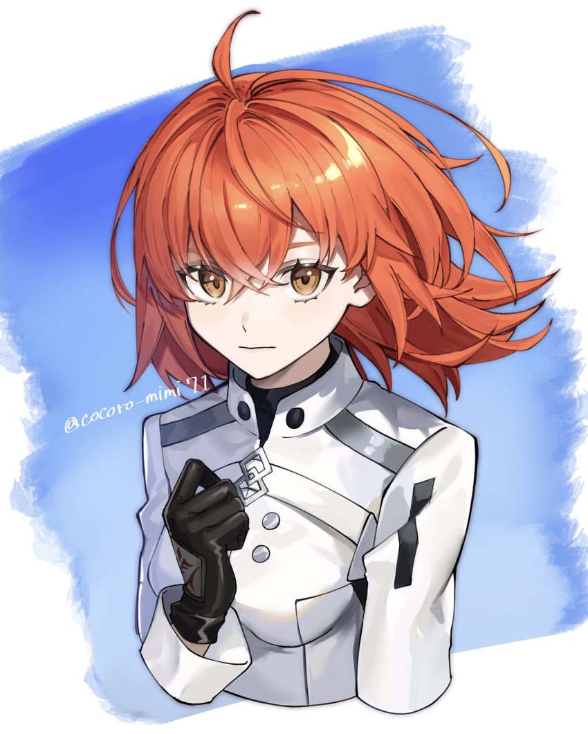 1girl :| ahoge bangs black_gloves chaldea_logo closed_mouth cocoro_mimi71 command_spell commentary_request expressionless fate/grand_order fate_(series) fujimaru_ritsuka_(female) fujimaru_ritsuka_(female)_(decisive_battle_chaldea_uniform) gloves hair_between_eyes highres jacket long_hair long_sleeves looking_at_viewer official_alternate_costume orange_eyes orange_hair solo solo_focus twitter_username uniform upper_body white_jacket yellow_eyes