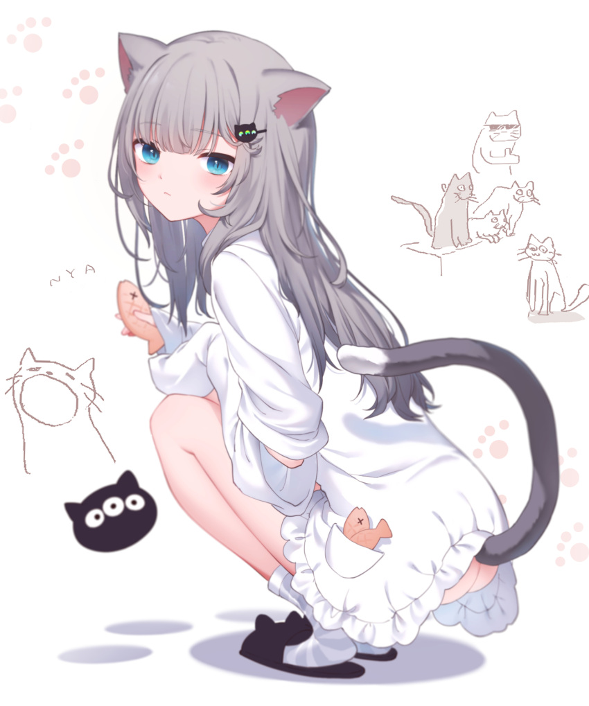 1girl alithea_jane animal_ears animal_slippers ass bangs black_footwear blue_eyes blush cat_ears cat_girl cat_tail closed_mouth commentary_request dress eyebrows_visible_through_hair food frilled_dress frills full_body grey_hair hair_ornament hairclip highres holding holding_food indie_virtual_youtuber long_hair looking_at_viewer looking_back nacho_(amashiro_natsuki) no_panties paw_print paw_print_background slippers socks solo squatting striped striped_legwear sunglasses tail taiyaki wagashi white_background white_dress