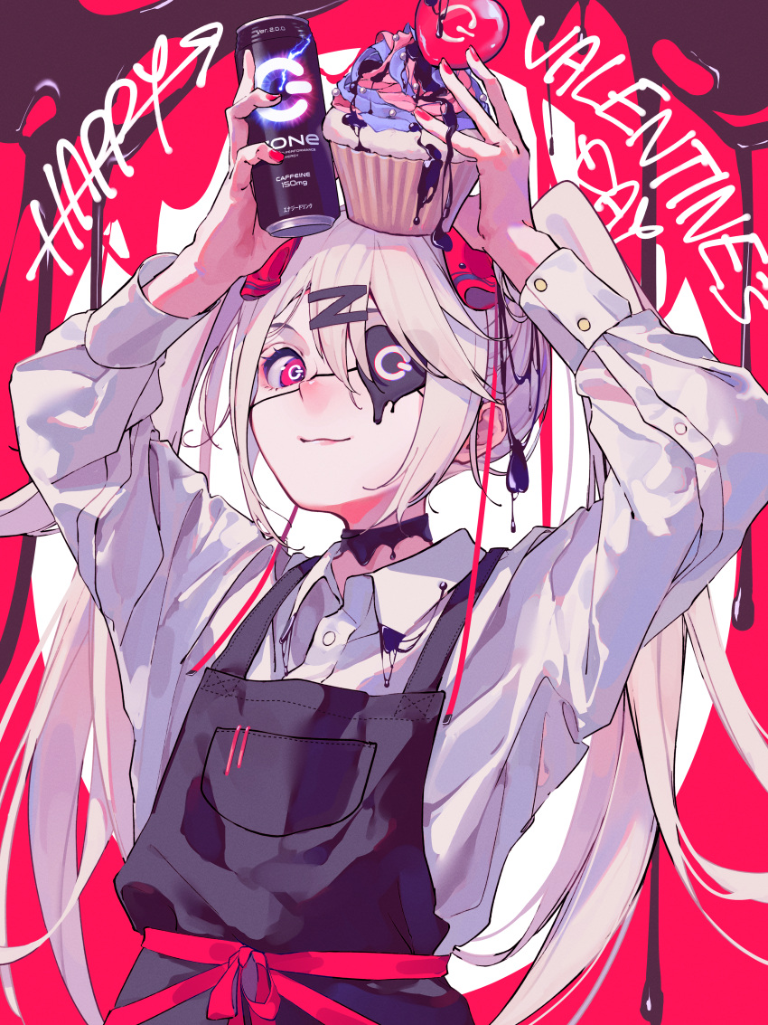 1girl absurdres apron arms_up black_apron black_eyepatch candy chocolate chocolate_on_body chocolate_on_head closed_mouth collared_shirt commentary_request cupcake drink energy_drink eyepatch food food_on_body food_on_head hair_ornament hairclip happy_valentine heart heart-shaped_chocolate highres holding holding_drink long_hair long_sleeves looking_at_viewer object_on_head one_eye_covered original pink_background pink_eyes power_symbol ritao_kamo shirt smile solo symbol-shaped_pupils twintails upper_body valentine white_hair white_shirt zone_(energy_drink) zonko