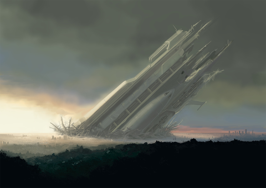 clouds cloudy_sky commentary_request erio_patrol horizon no_humans original outdoors ruins scenery science_fiction sky space_craft wreckage