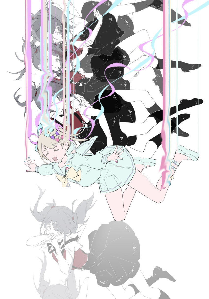 2girls absurdres afterimage ame-chan_(needy_girl_overdose) black_hair black_ribbon blue_hair bow chouzetsusaikawa_tenshi-chan closed_eyes covering_mouth dual_persona falling grey_hair hair_bow hair_ornament highres kneehighs large_bow long_hair mechari multicolored_hair multicolored_nails multiple_girls multiple_hair_bows neck_ribbon needy_girl_overdose open_mouth outstretched_arms parted_lips pin pink_hair quad_tails ribbon sailor_collar school_uniform serafuku simple_background skirt smile spread_arms suspender_skirt suspenders twintails very_long_hair white_background x_hair_ornament