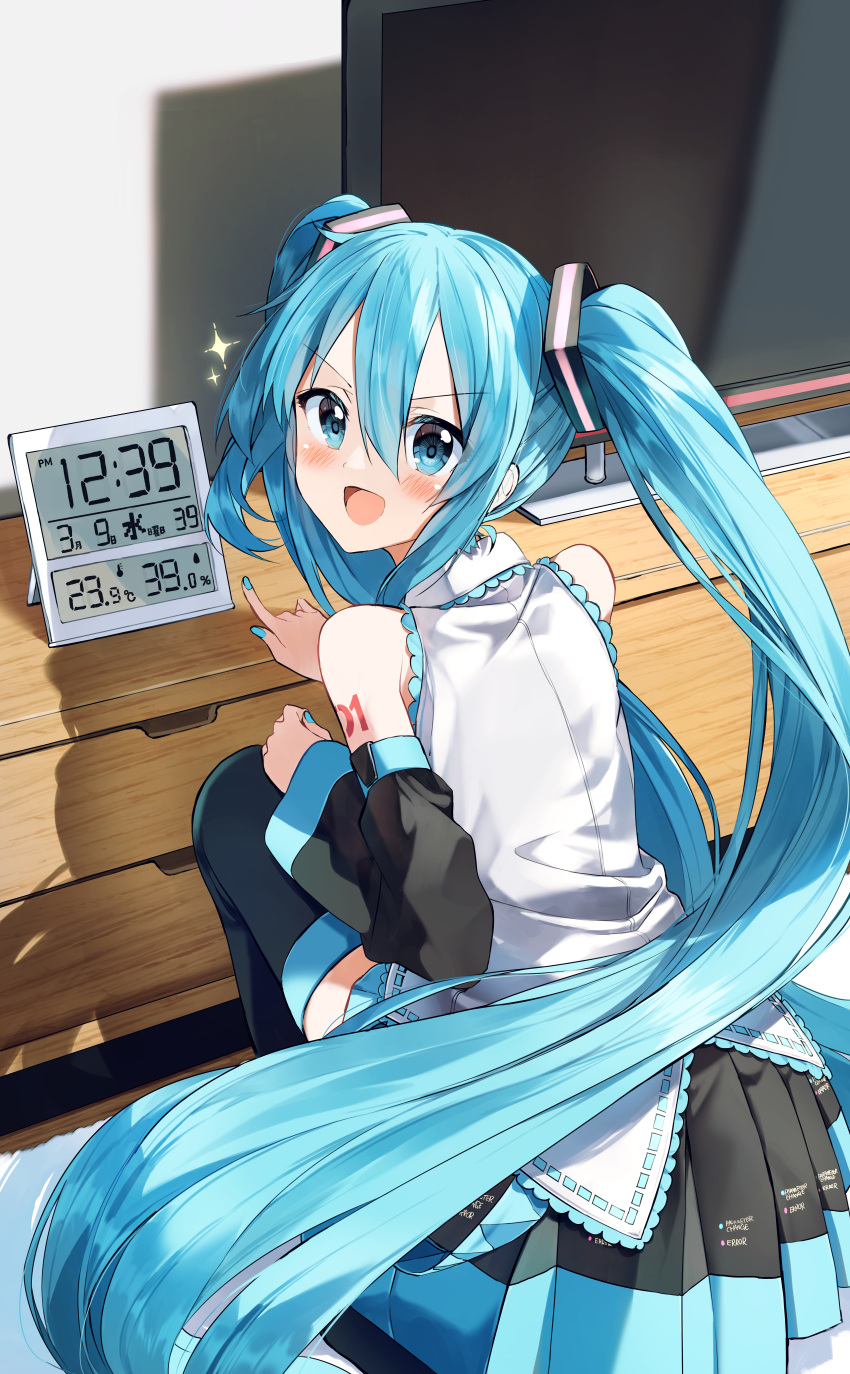 1girl 39 :d absurdres bangs black_legwear black_skirt black_sleeves blue_eyes blue_hair blue_nails blush clock commentary_request detached_sleeves digital_clock eyebrows_visible_through_hair flat_screen_tv from_behind hair_between_eyes hatsune_miku highres indoors long_hair long_sleeves looking_at_viewer looking_back nail_polish number_pun partial_commentary pentagon_(railgun_ky1206) pleated_skirt pointing shirt skirt sleeveless sleeveless_shirt smile solo sparkle squatting television thigh-highs twintails v-shaped_eyebrows very_long_hair vocaloid white_shirt wide_sleeves