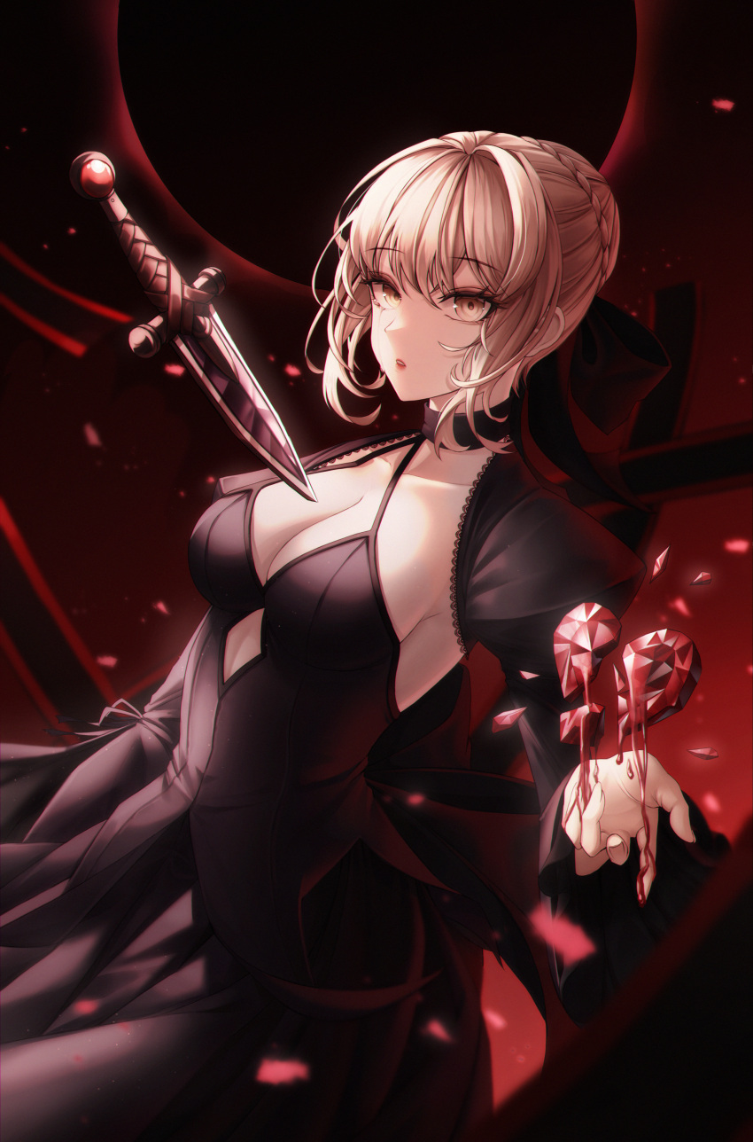 1girl artoria_pendragon_(fate) blonde_hair blue_dress braid breasts commentary_request detached_sleeves dress eyebrows_visible_through_hair fate/stay_night fate_(series) frilled_sleeves frills ha_y₩sa hair_ribbon revision ribbon saber_alter short_hair simple_background small_breasts solo wide_sleeves yellow_eyes