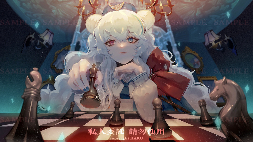 1girl animal_ears arknights artist_name bear_ears bishop_(chess) blue_eyes blue_hair blue_headwear blue_nails blue_necktie bow buttons chandelier chess_piece chessboard coat commentary eyebrows_visible_through_hair hair_between_eyes hat head_rest highres indoors king_(chess) knight_(chess) lamp lips looking_at_viewer multicolored_hair necktie pawn_(chess) picture_frame pink_hair queen_(chess) red_bow red_eyes rook_(chess) rosa_(pokemon) sakurabaharu sample_watermark solo streaked_hair symbol-only_commentary ursus_empire_logo white_coat white_hair
