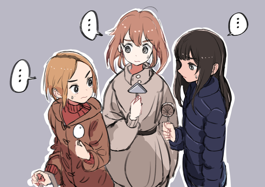 ... 3girls belt blue_coat brown_coat brown_hair candy closed_mouth coat commentary_request dress food grey_background grey_dress highres holding holding_candy holding_food long_hair long_sleeves looking_at_another medium_hair multiple_girls orange_hair original red_sweater roots_(hair) short_hair simple_background spoken_ellipsis sweat sweater turtleneck turtleneck_sweater window1228