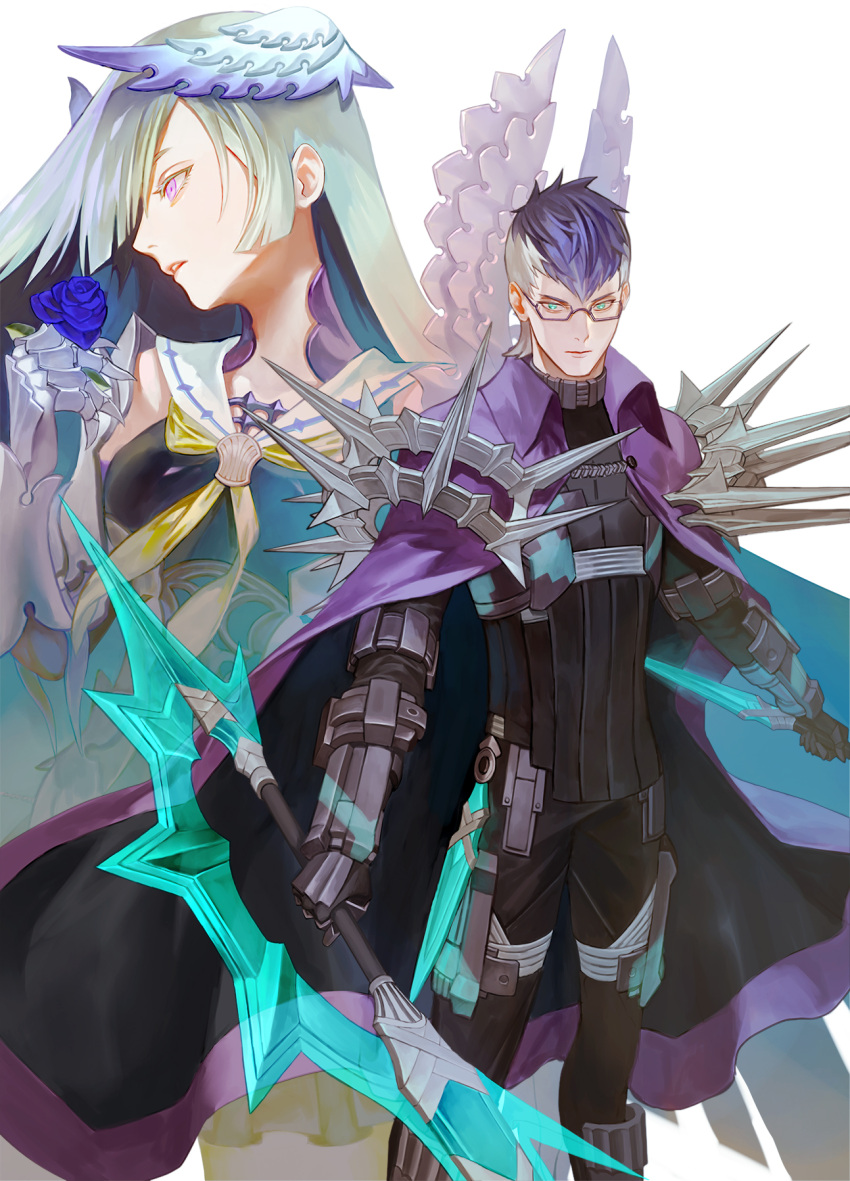 1boy 1girl :| arm_armor armor bangs black_pants blue_eyes blue_flower blue_hair blue_rose blush breasts brynhildr_(fate) closed_mouth couple daeraeband dual_wielding expressionless fate/grand_order fate/prototype fate/prototype:_fragments_of_blue_and_silver fate_(series) feet_out_of_frame flower glasses greyscale hair_ornament hair_over_one_eye highres holding holding_flower holding_sword holding_weapon husband_and_wife long_hair looking_at_viewer looking_away monochrome multicolored_hair pants rose shoulder_spikes sigurd_(fate) silver_hair simple_background skirt spikes spiky_hair sword very_long_hair violet_eyes weapon white_background