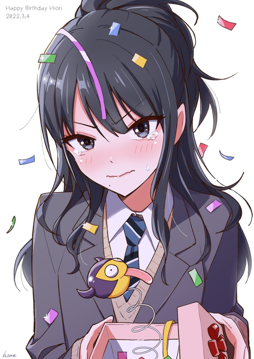 1girl birthday black_hair blue_eyes blush box cardigan confetti dated english_text grey_jacket highres holding holding_box hone_(honehone083) idolmaster idolmaster_shiny_colors jack_in_the_box_(toy) jacket kazano_hiori looking_at_viewer mole mole_under_mouth necktie ponytail school_uniform shirt solo tearing_up upper_body wavy_mouth white_shirt