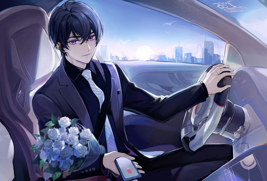 1boy absurdres bangs black_jacket black_shirt blue_sky bouquet car car_interior car_seat city closed_mouth earpiece earrings flower formal ground_vehicle highres holding holding_phone jacket jewelry laoyepo long_sleeves looking_at_viewer marius_von_hagen_(tears_of_themis) motor_vehicle necktie phone polo_shirt purple_hair rose seatbelt shirt sky smile solo tears_of_themis violet_eyes white_flower white_necktie white_rose