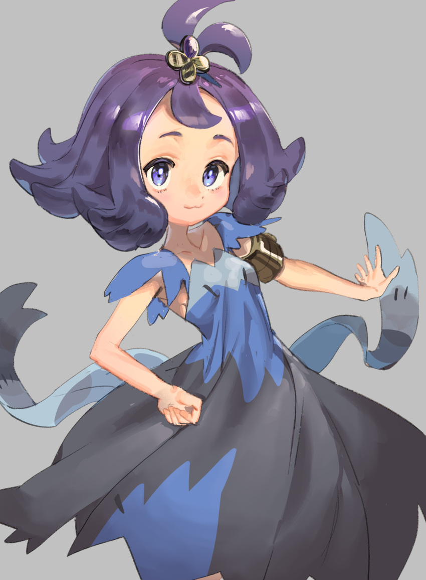 1girl :3 acerola_(pokemon) armlet bangs blue_dress closed_mouth collarbone commentary dress flipped_hair grey_background grey_dress hair_ornament hairclip highres medium_hair multicolored_clothes multicolored_dress outstretched_arm pokemon pokemon_(game) pokemon_sm purple_hair shiny shiny_hair short_sleeves simple_background smile solo stitches tanakalma topknot torn_clothes torn_dress violet_eyes