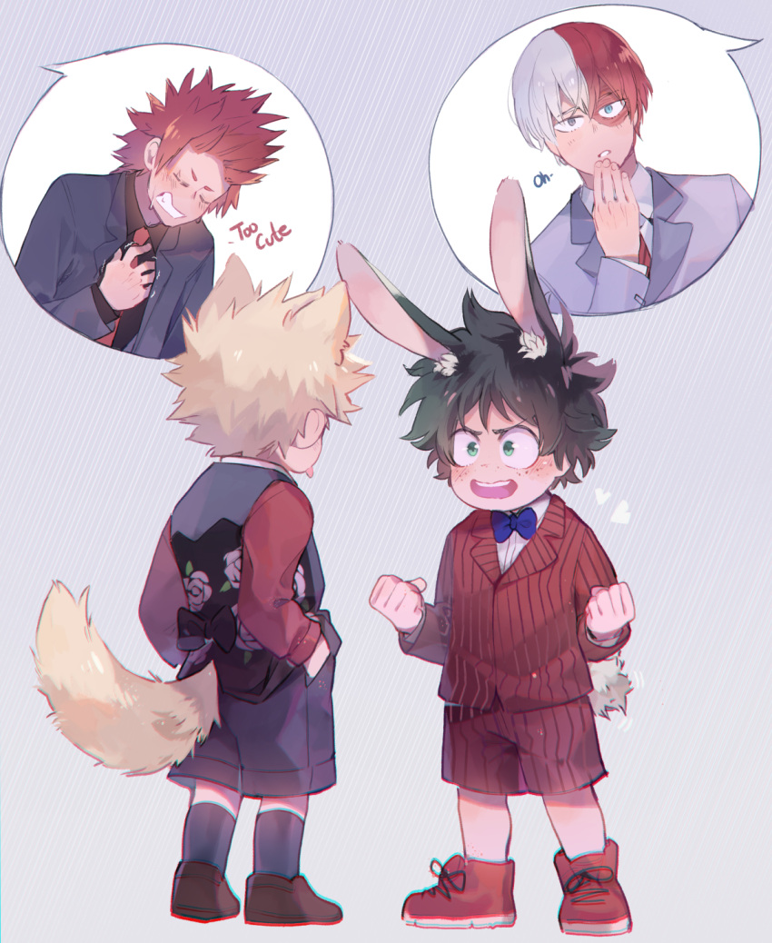 4boys animal_ear_fluff animal_ears bakugou_katsuki bangs black_bow black_legwear black_shirt black_shorts blonde_hair blue_bow blue_bowtie blue_eyes blush boku_no_hero_academia bow bowtie burn_scar child chromatic_aberration clenched_hands clenched_teeth closed_eyes clutching_chest commentary crispyfrites english_commentary english_text floral_print formal freckles from_behind green_hair grey_background grey_eyes grey_suit hand_on_own_chest hand_to_own_mouth hands_in_pockets heart heterochromia highres kirishima_eijirou layered_sleeves looking_at_another male_focus midoriya_izuku multicolored_hair multiple_boys necktie open_mouth rabbit_boy rabbit_ears rabbit_tail red_footwear red_necktie red_shorts red_suit redhead scar scar_on_face shirt short_hair shorts speech_bubble spiky_hair split-color_hair spoken_character suit sweat tail tail_wagging teeth todoroki_shouto tongue tongue_out trembling white_hair wolf_boy wolf_ears wolf_tail younger