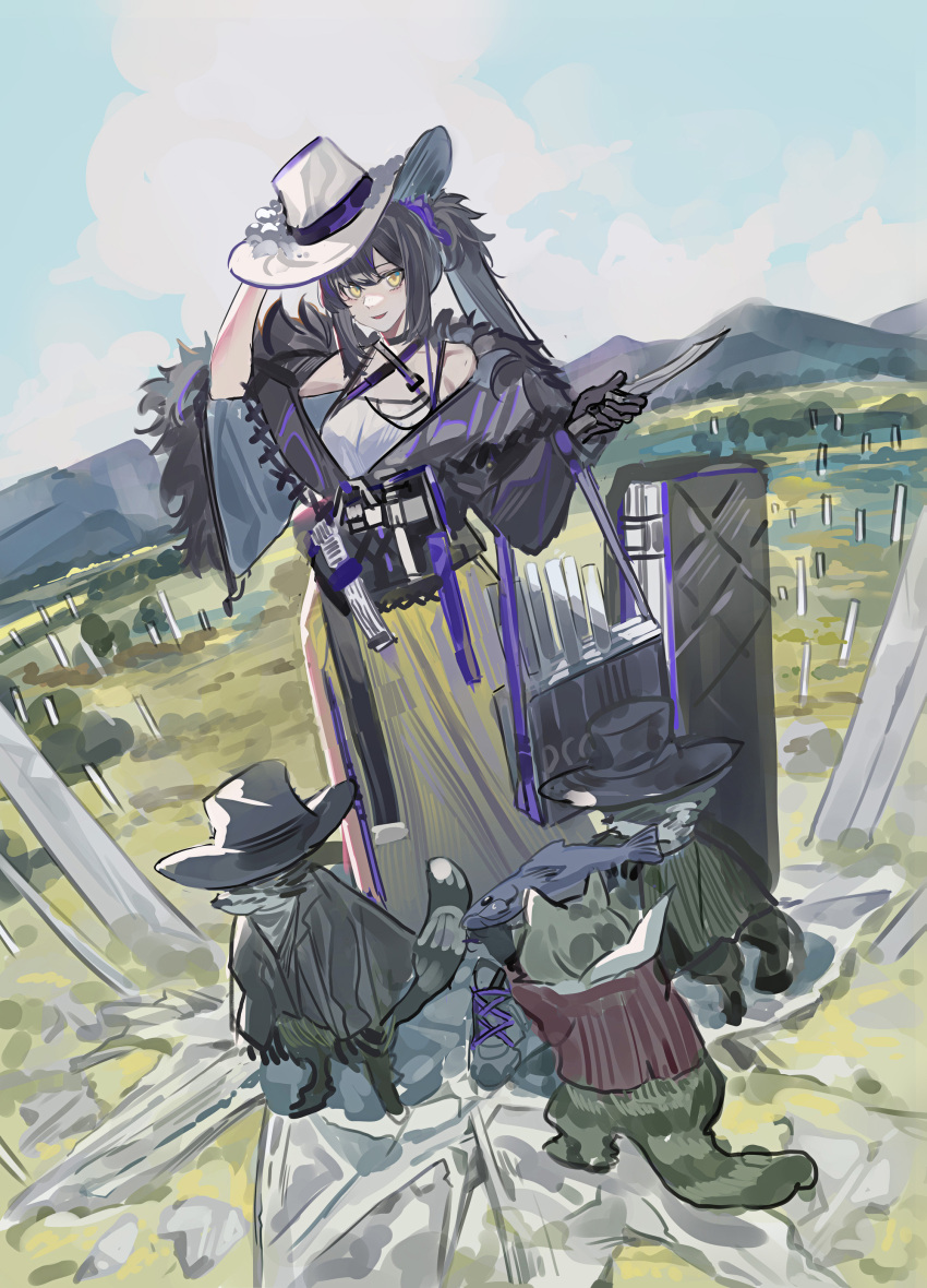 1girl :d absurdres animal arknights arm_up bag bare_shoulders black_gloves black_hair black_headwear black_jacket blue_sky cat clothed_animal day echj fish gloves hand_on_headwear highres holding holding_knife jacket knife long_hair long_skirt long_sleeves looking_at_viewer mountainous_horizon off_shoulder open_clothes open_jacket open_mouth outdoors raccoon robin_(arknights) robin_(gift_of_wild)_(arknights) shirt sidelocks skirt sky smile solo white_cat white_shirt yellow_eyes yellow_skirt