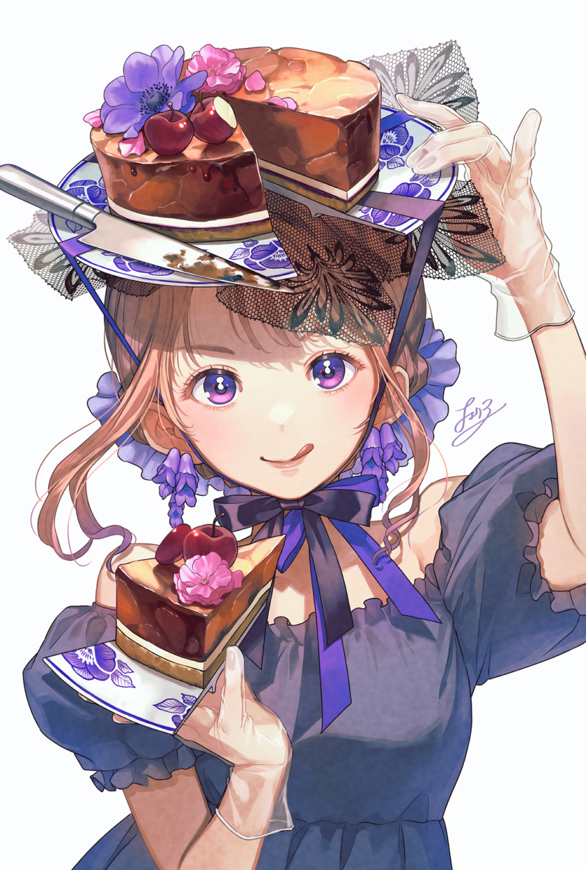1girl arm_up black_ribbon black_shirt broken_plate brown_hair cake cake_slice cherico cherry cherry_blossoms chin_strap closed_mouth earrings flower flower_earrings food frilled_shirt frills fruit gloves hair_net hand_up highres holding holding_plate jewelry knife licking_lips looking_at_viewer object_on_head off-shoulder_shirt off_shoulder original pink_flower plate puffy_short_sleeves puffy_sleeves purple_flower purple_ribbon ribbon see-through_gloves shards shirt short_hair_with_long_locks short_sleeves sidelocks signature simple_background solo straight-on tongue tongue_out upper_body violet_eyes white_background white_gloves