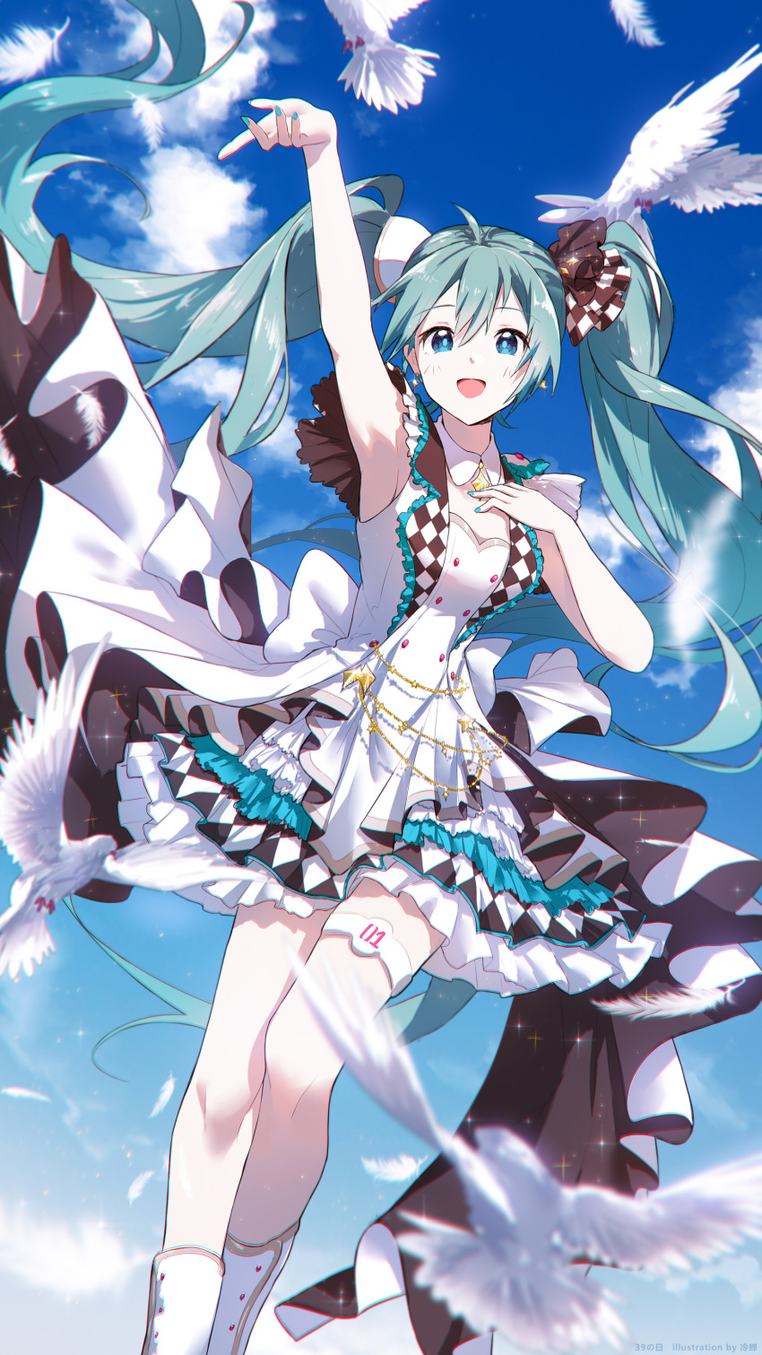 1girl :d absurdres ahoge animal aqua_hair arm_up armpits bangs bare_arms bare_shoulders bird blue_eyes blue_nails blue_sky boots checkered clouds commentary_request day dress eyebrows_visible_through_hair feet_out_of_frame hair_between_eyes hand_up hatsune_miku highres jacket lengchan_(fu626878068) long_hair nail_polish open_clothes open_jacket outdoors sky sleeveless sleeveless_jacket smile solo twintails very_long_hair vocaloid white_dress white_footwear white_jacket