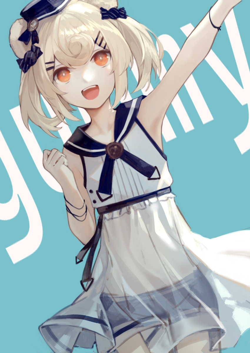 1girl :d absurdres animal_ears arknights arm_up armpits background_text bear_ears black_headwear blonde_hair blue_background blue_shorts candy_hair_ornament character_name cowboy_shot dress dutch_angle food-themed_hair_ornament gummy_(arknights) gummy_(summer_flowers)_(arknights) hair_ornament hairclip highres looking_at_viewer miike_(992058) navel official_alternate_costume open_mouth orange_eyes sailor_dress see-through short_hair shorts sleeveless sleeveless_dress smile white_dress wristband
