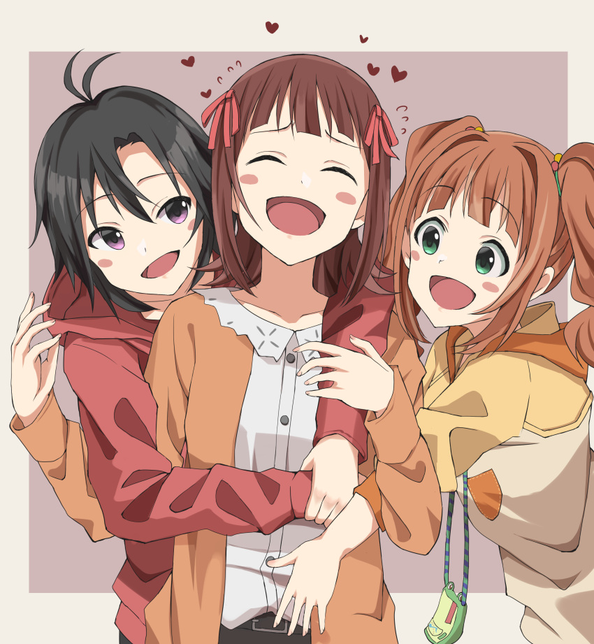 3girls ^_^ absurdres amami_haruka antenna_hair black_hair blush_stickers brown_hair closed_eyes flying_sweatdrops green_eyes haruki_(haruki678) heart highres hood hooded_sweater hug hug_from_behind idolmaster kikuchi_makoto medium_hair multiple_girls open_mouth short_hair smile sweater takatsuki_yayoi twintails upper_body violet_eyes