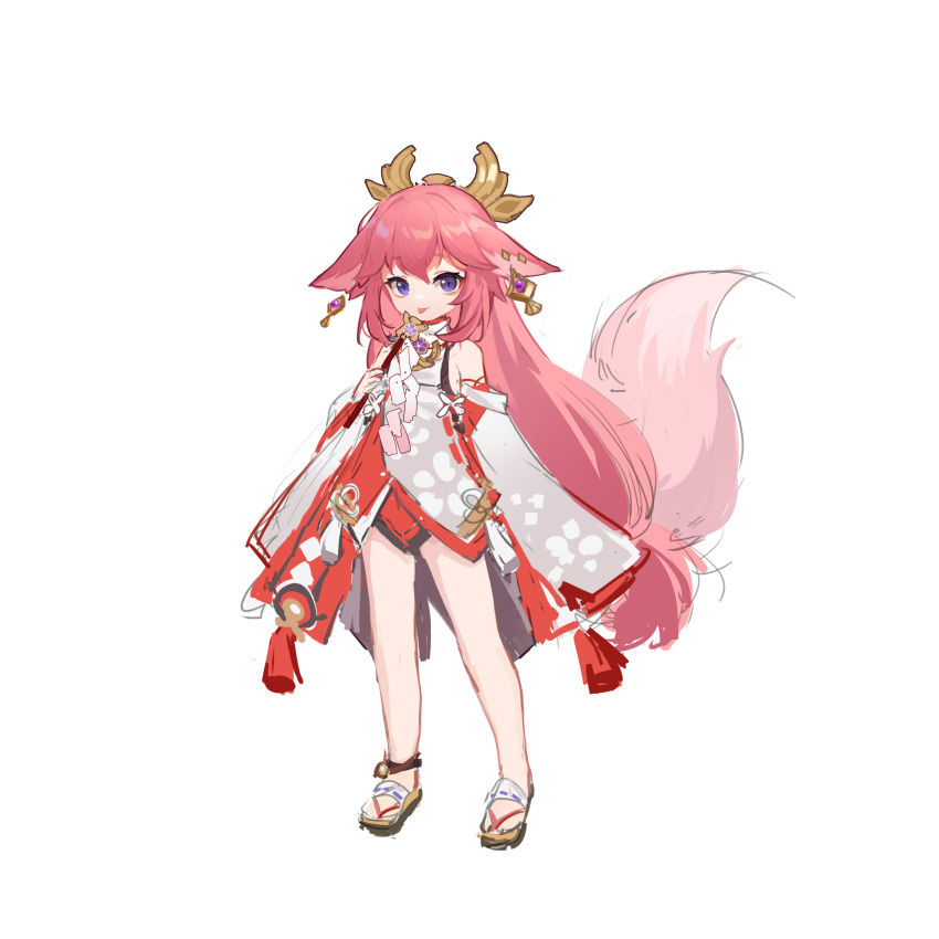 1girl absurdres animal_ears bangs child closed_mouth earrings flip-flops fox_ears fox_tail genshin_impact gohei hair_ornament highres holding japanese_clothes jewelry long_hair long_sleeves looking_at_viewer nontraditional_miko pink_eyes pink_hair sandals shio_(7203802) smile solo tail toes violet_eyes white_background yae_miko younger