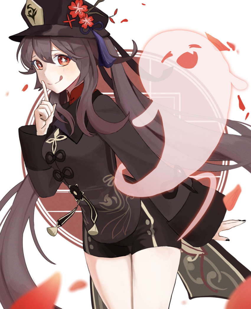 1girl :d ;p ahoge bangs black_hair black_shorts chinese_clothes commentary_request ddugi0506 eyebrows_visible_through_hair finger_to_mouth flower genshin_impact ghost hair_between_eyes hat hat_flower hat_ornament highres hu_tao_(genshin_impact) index_finger_raised leaning_forward long_hair long_sleeves looking_at_viewer one_eye_closed red_eyes shorts sidelocks simple_background smile symbol-shaped_pupils tongue tongue_out twintails white_background