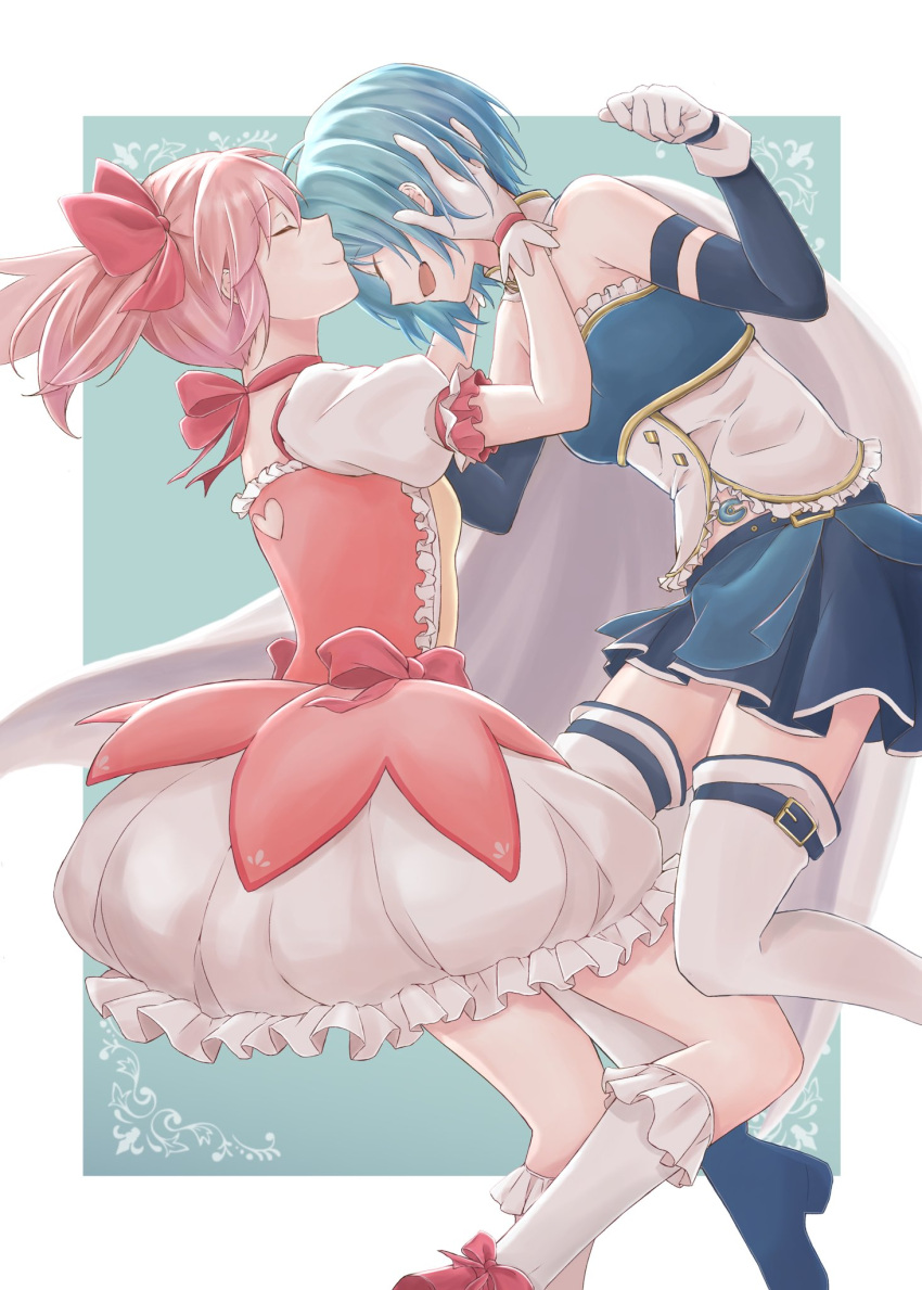 2girls :d bare_shoulders blue_background blue_footwear blue_hair blue_skirt bow bubble_skirt choker closed_eyes clothing_cutout commentary flying footwear_bow gloves hair_ribbon hands_on_another's_face hands_up highres jumping kaname_madoka kiss kissing_forehead kneehighs leg_between_thighs magical_girl mahou_shoujo_madoka_magica miki_sayaka multiple_girls pink_hair red_bow red_choker red_footwear red_ribbon ribbon shoes short_hair short_twintails simple_background skirt smile stomach_cutout thigh-highs twintails two-tone_background white_background white_gloves white_legwear yuri
